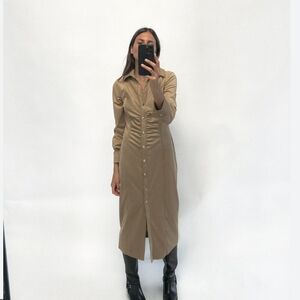 Zara Tan Button-Front Midi Shirt Dress